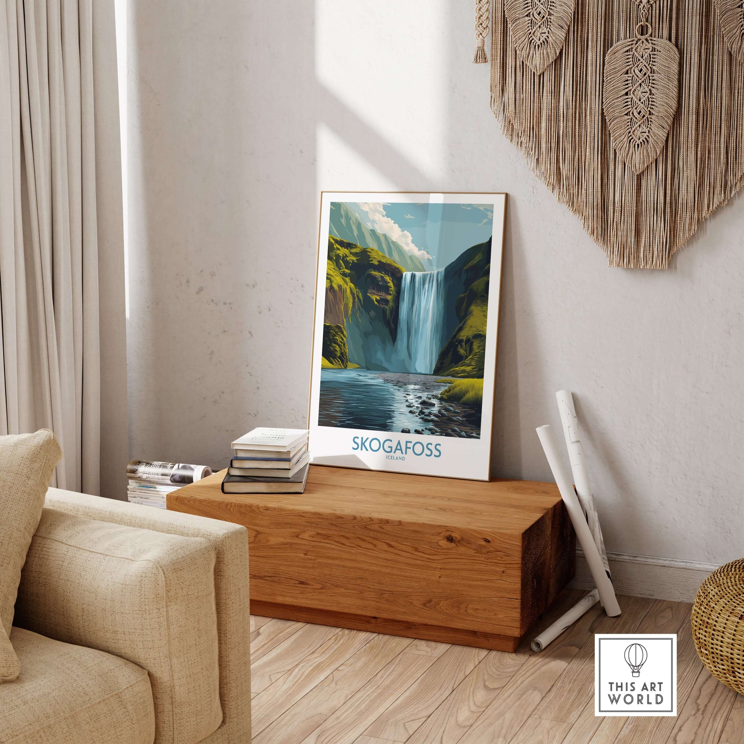 Skógafoss Iceland Art Print Waterfall Poster displayed in a cozy living room setting with wooden decor.