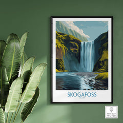 Skógafoss Iceland Art Print Waterfall Poster showcasing the stunning waterfall and lush landscape of Iceland.