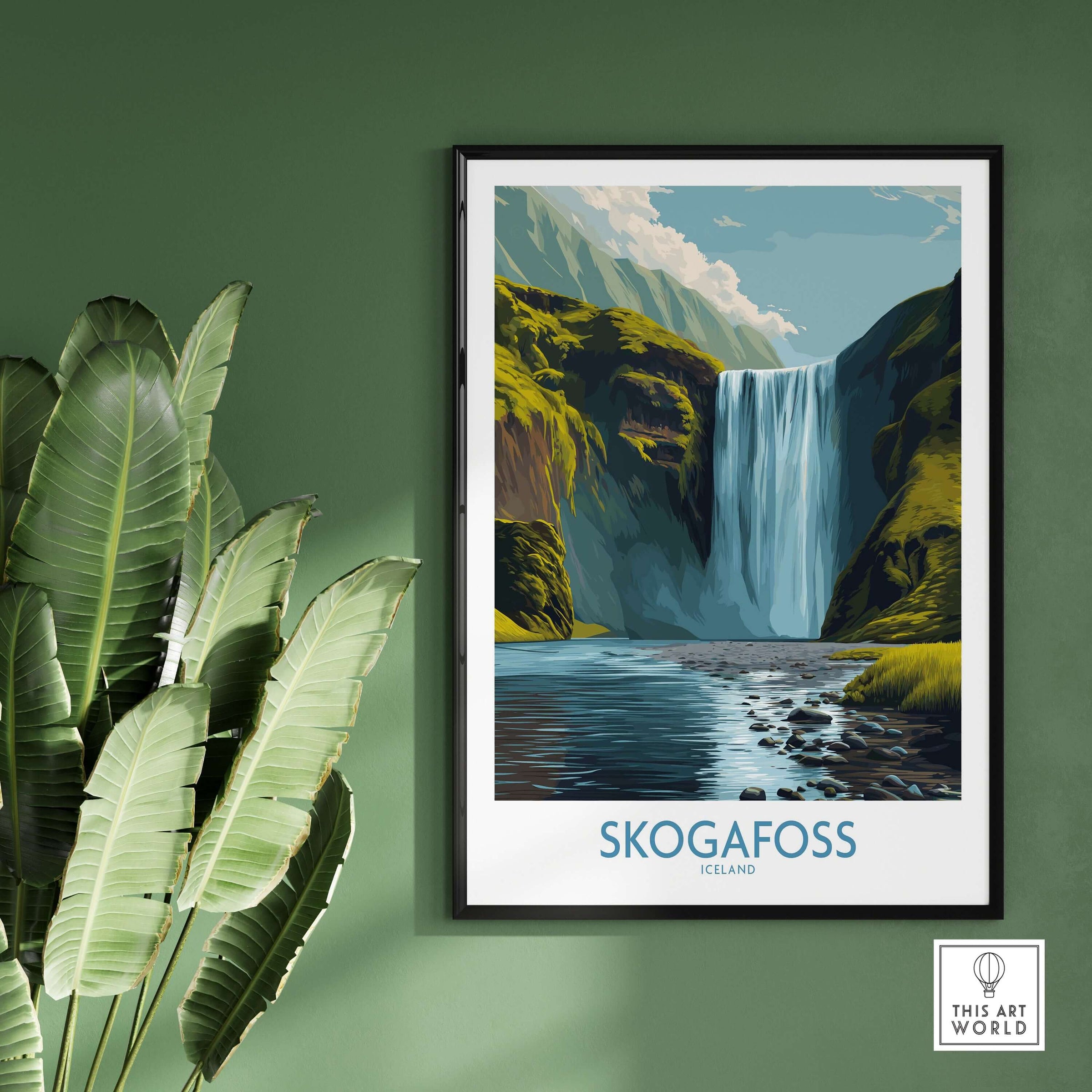 Skógafoss Iceland Art Print Waterfall Poster showcasing the stunning waterfall and lush landscape of Iceland.