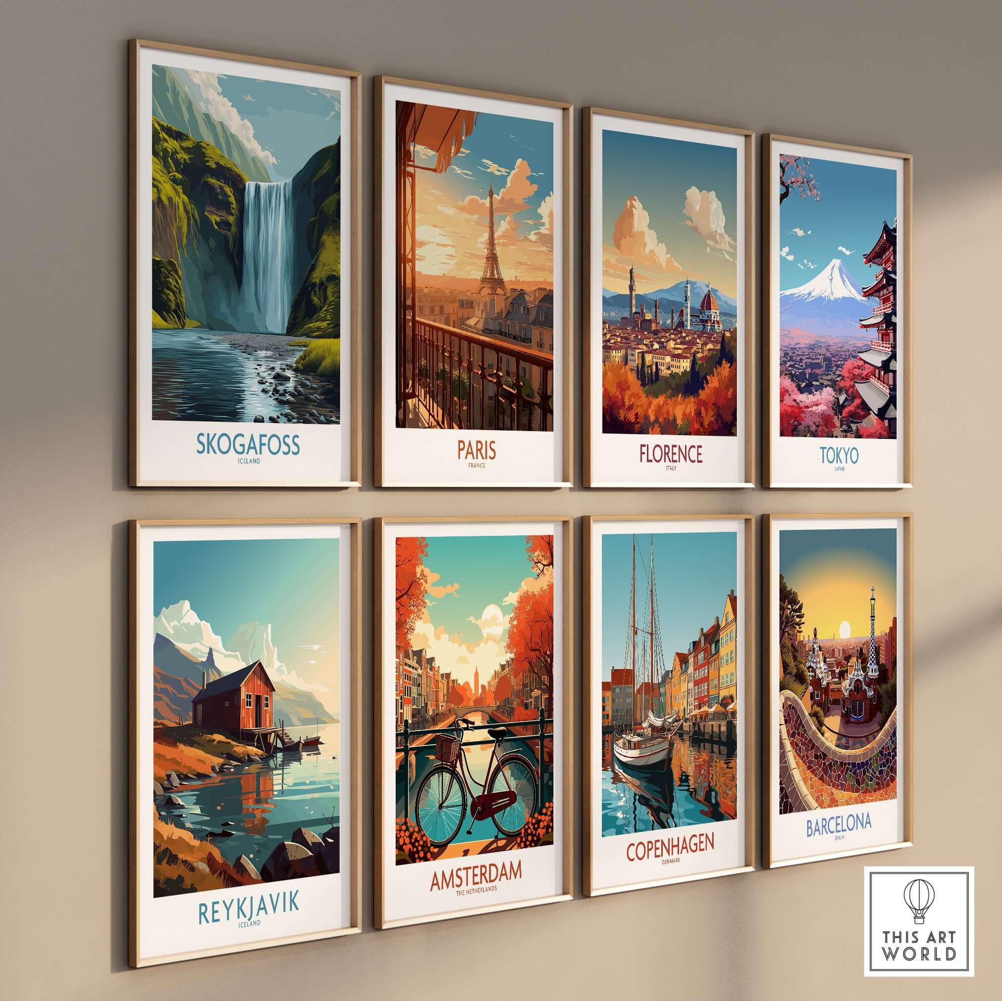 Skógafoss Iceland Art Print Waterfall Poster displayed among other city art prints on a wall.