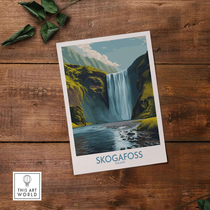 Skógafoss Iceland Art Print Waterfall Poster featuring a stunning waterfall surrounded by cliffs and lush scenery.