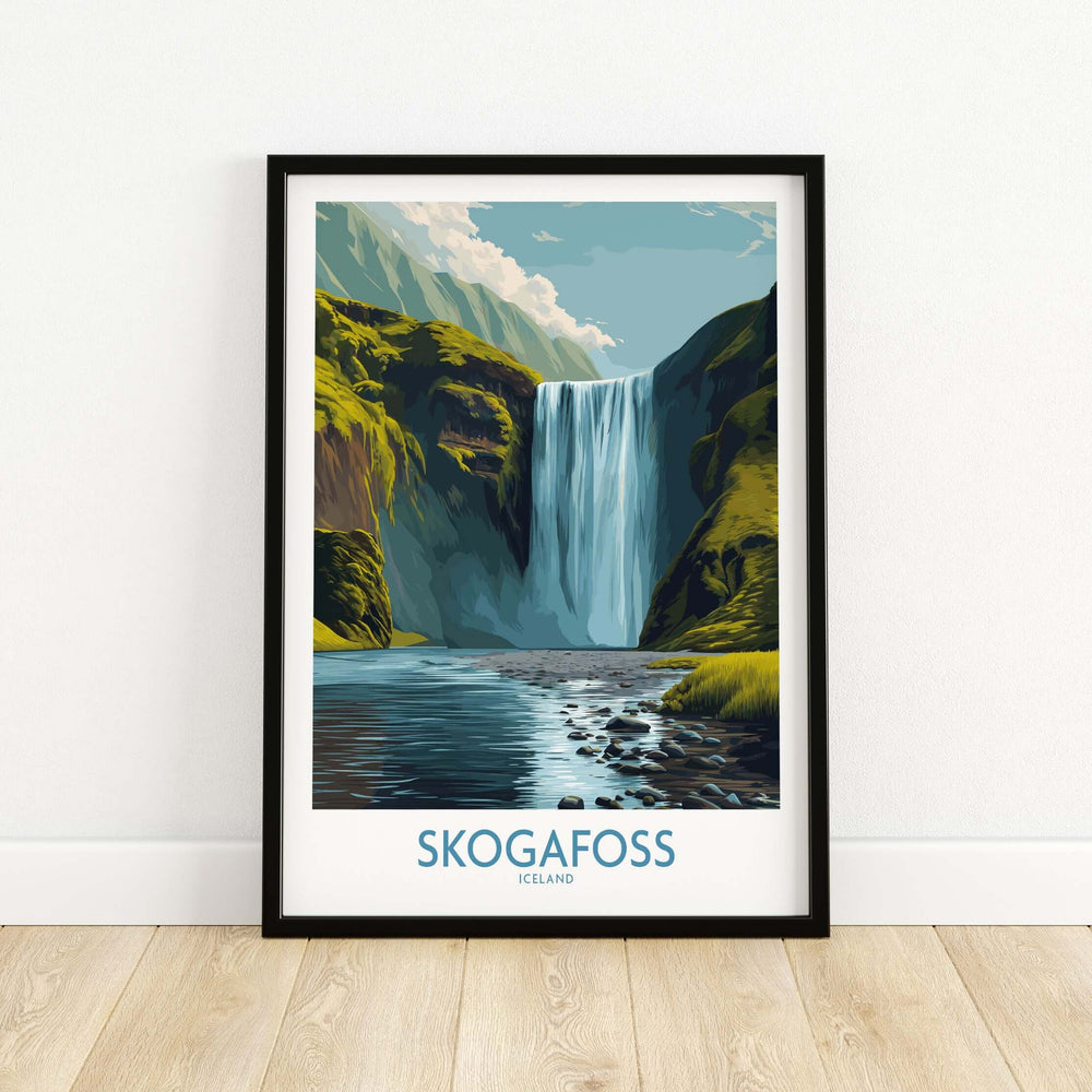 Skógafoss Iceland Art Print Waterfall Poster featuring a majestic waterfall and lush landscapes.