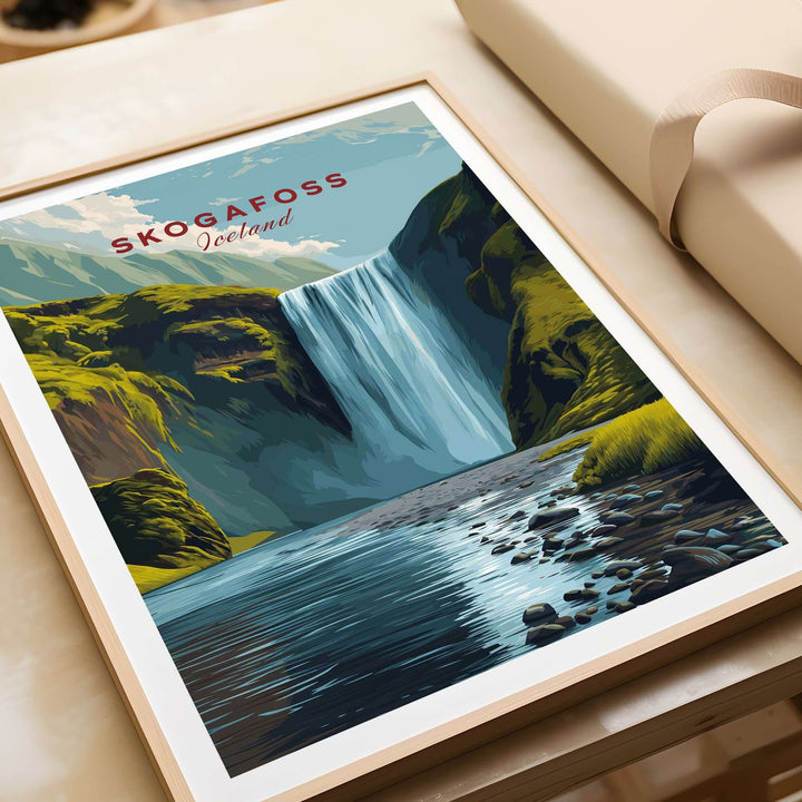 Skógafoss Icelandic Landscape and River Print | Nordic Nature Wall Decor showcasing a stunning waterfall and serene river.