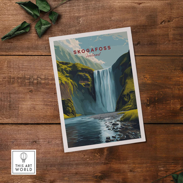 Skógafoss Icelandic Landscape and River Print | Nordic Nature Wall Decor featuring a stunning waterfall and serene river.