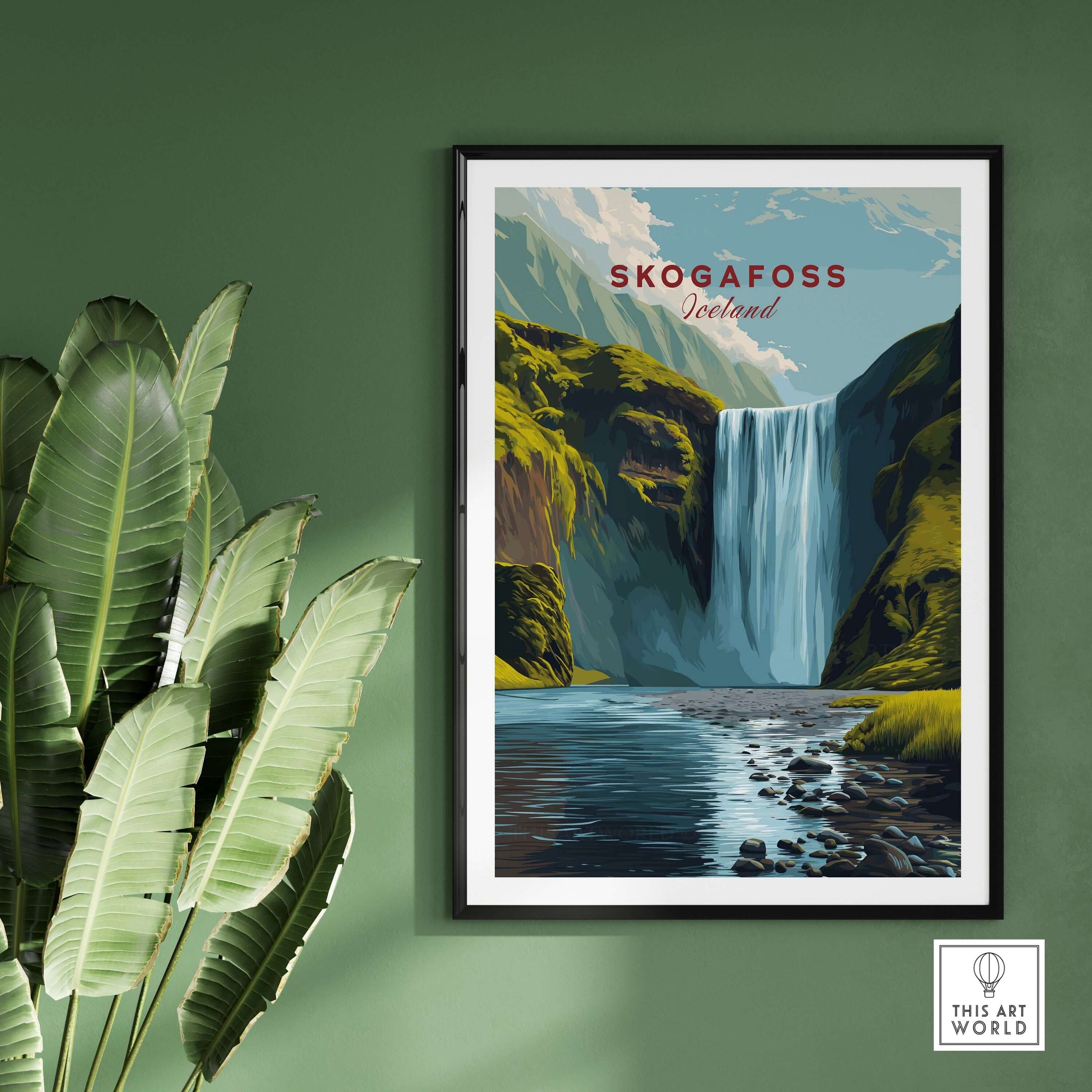 Skógafoss Icelandic Landscape and River Print | Nordic Nature Wall Decor featuring a stunning waterfall and serene river.