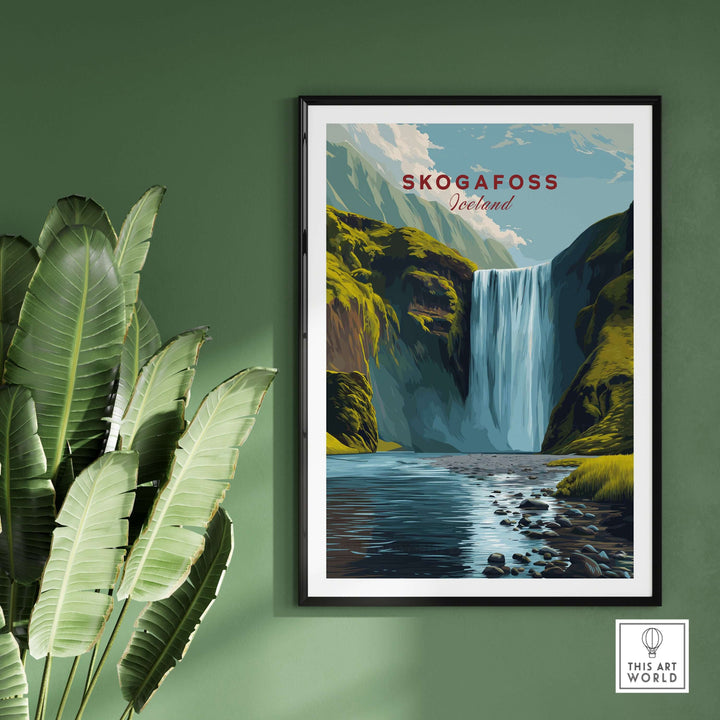 Skógafoss Icelandic Landscape and River Print | Nordic Nature Wall Decor featuring a stunning waterfall and river scene.