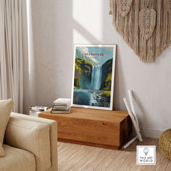 Skógafoss Icelandic Landscape and River Print | Nordic Nature Wall Decor displayed in a cozy living room setting.