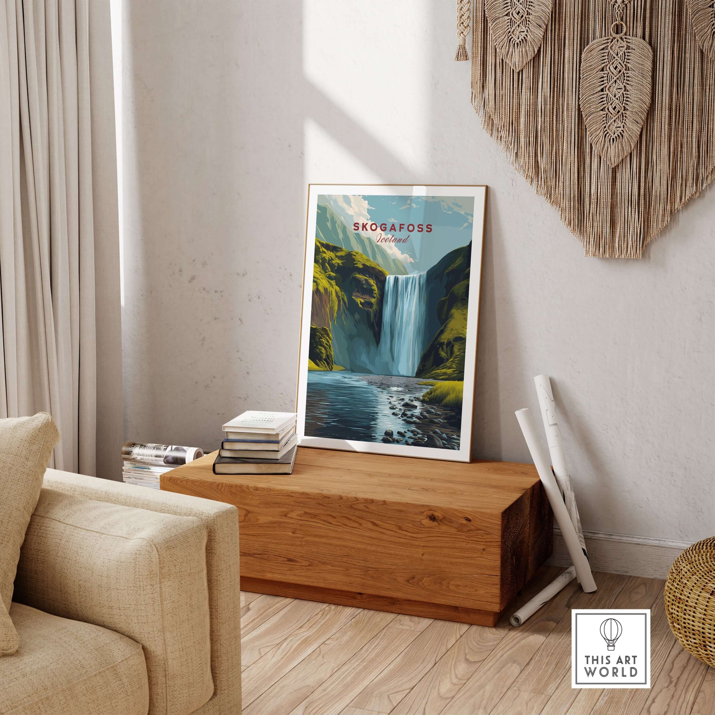 Skógafoss Icelandic Landscape and River Print | Nordic Nature Wall Decor displayed in a cozy living room setting.
