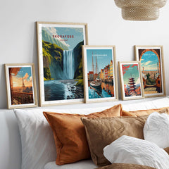 Skógafoss Icelandic Landscape and River Print | Nordic Nature Wall Decor featuring framed artworks on a stylish couch.