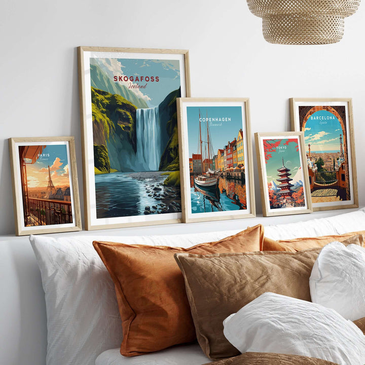 Skógafoss Icelandic Landscape and River Print | Nordic Nature Wall Decor displayed among travel art prints on a wall.