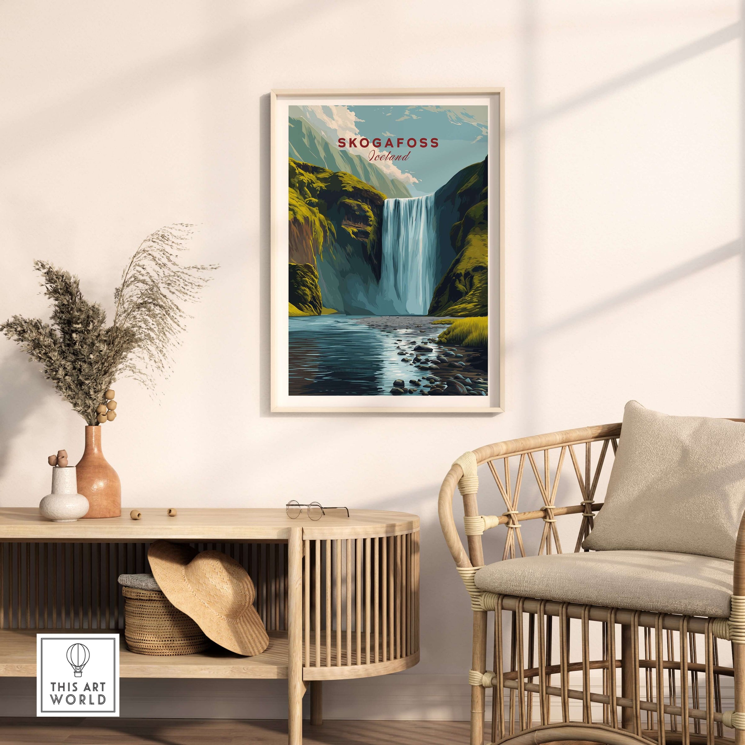 Skógafoss Icelandic Landscape and River Print | Nordic Nature Wall Decor showcasing a stunning waterfall and river in a modern home setting.