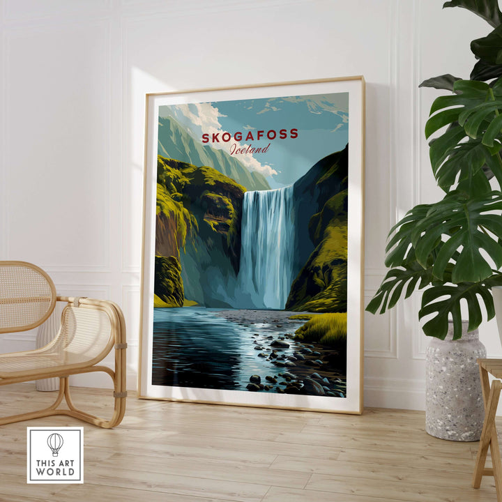 Skógafoss Icelandic Landscape and River Print | Nordic Nature Wall Decor showcasing a stunning waterfall in a modern setting.