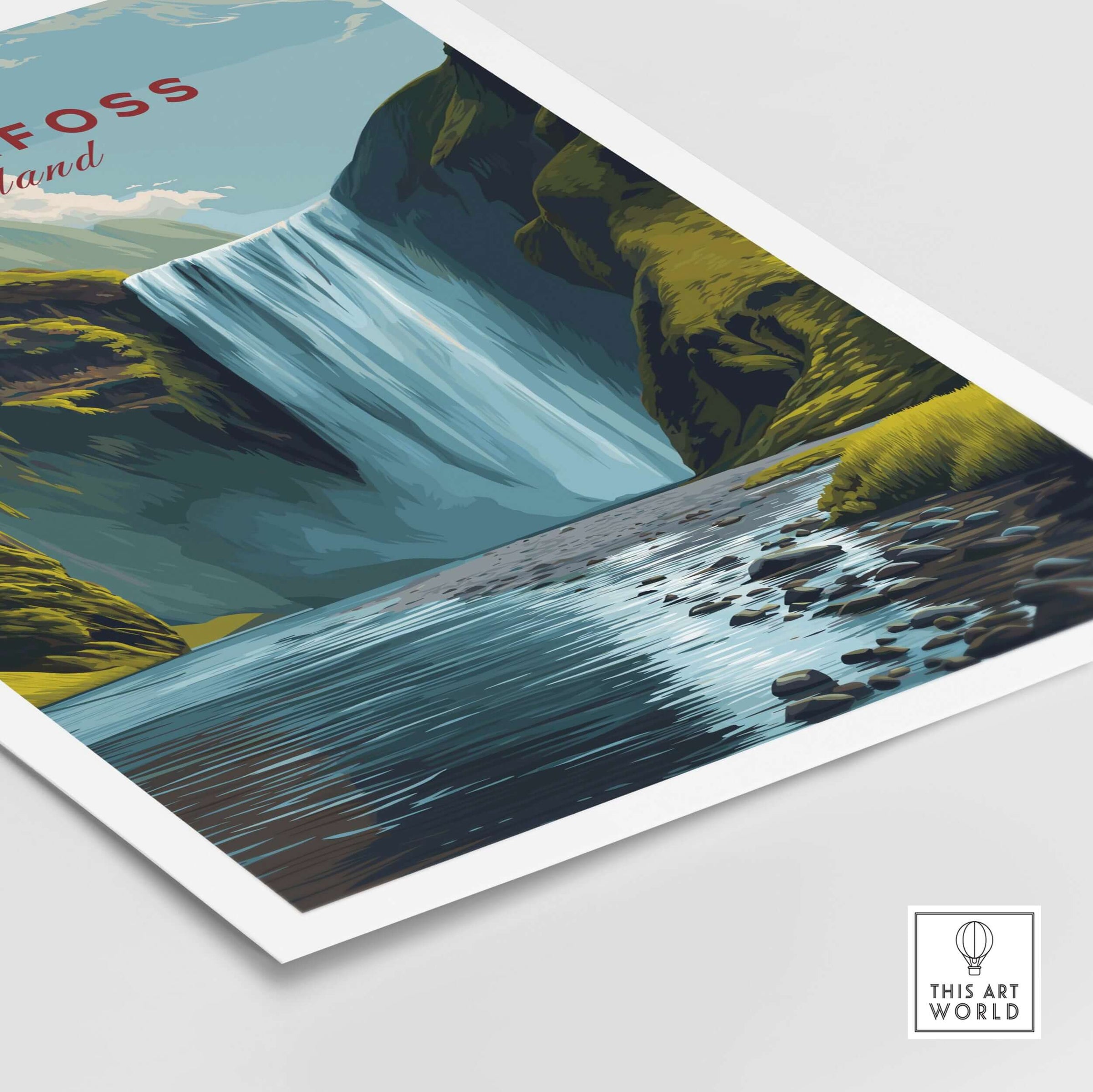 Skógafoss Icelandic Landscape and River Print | Nordic Nature Wall Decor showcasing a majestic waterfall and serene river.
