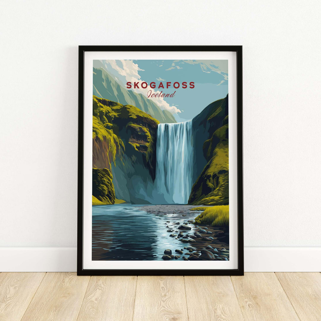 Skógafoss Icelandic Landscape and River Print | Nordic Nature Wall Decor, framed art of Skógafoss waterfall in Iceland.