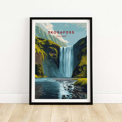 Skógafoss Icelandic Landscape and River Print | Nordic Nature Wall Decor in a framed print showcasing a majestic waterfall.