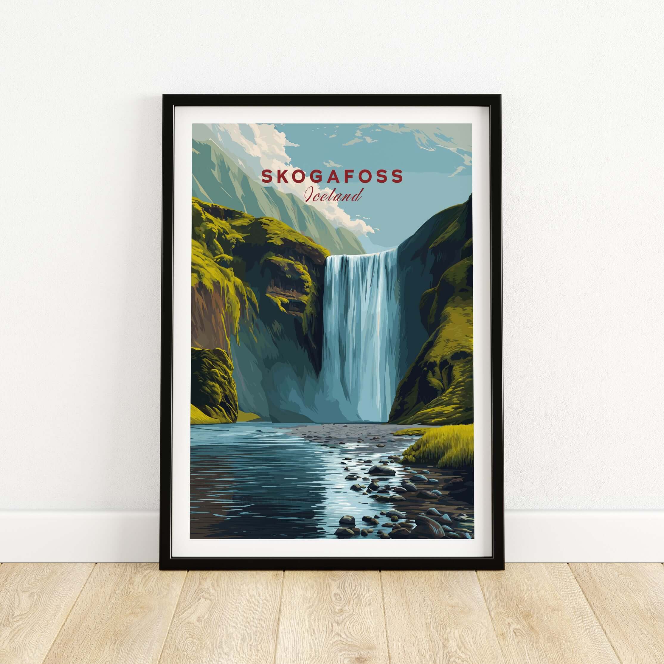 Skógafoss Icelandic Landscape and River Print | Nordic Nature Wall Decor in a framed print showcasing a majestic waterfall.