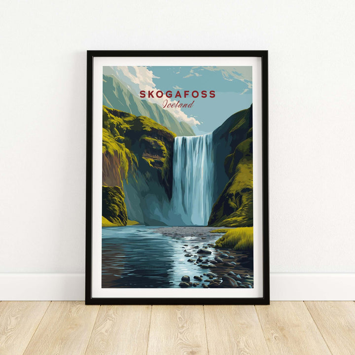 Skógafoss Icelandic Landscape and River Print | Nordic Nature Wall Decor, framed art of Skógafoss waterfall in Iceland.