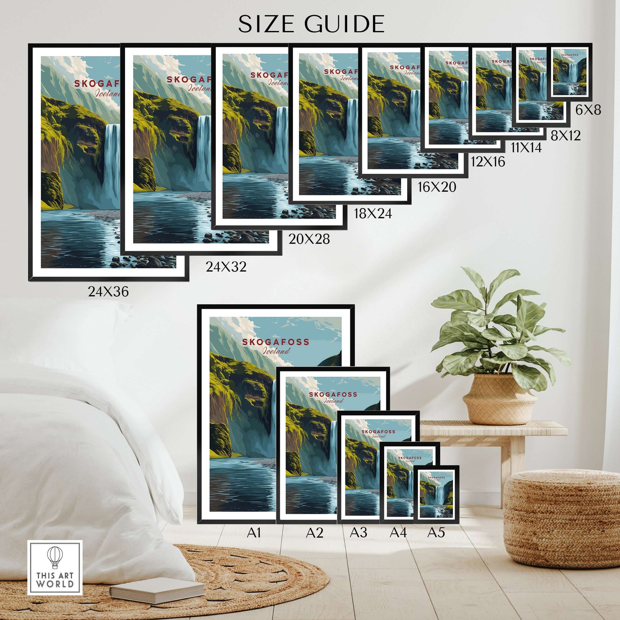 Skógafoss Icelandic Landscape and River Print | Nordic Nature Wall Decor size guide with various frame dimensions.