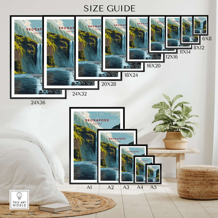 Skógafoss Icelandic Landscape and River Print | Nordic Nature Wall Decor size guide with various frame options.