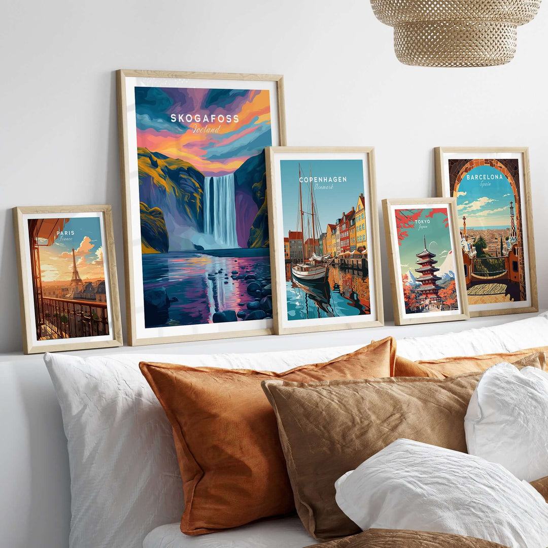 Skógafoss Wall Art Icland Poster displayed among other travel-themed posters in a cozy living room setting.
