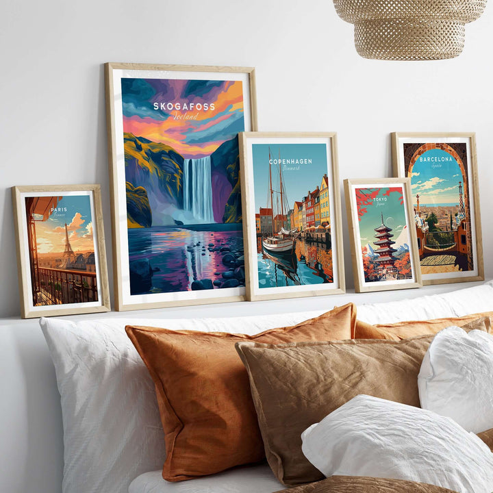 Skógafoss Wall Art Icland Poster displayed among other travel-themed posters in a cozy living room setting.