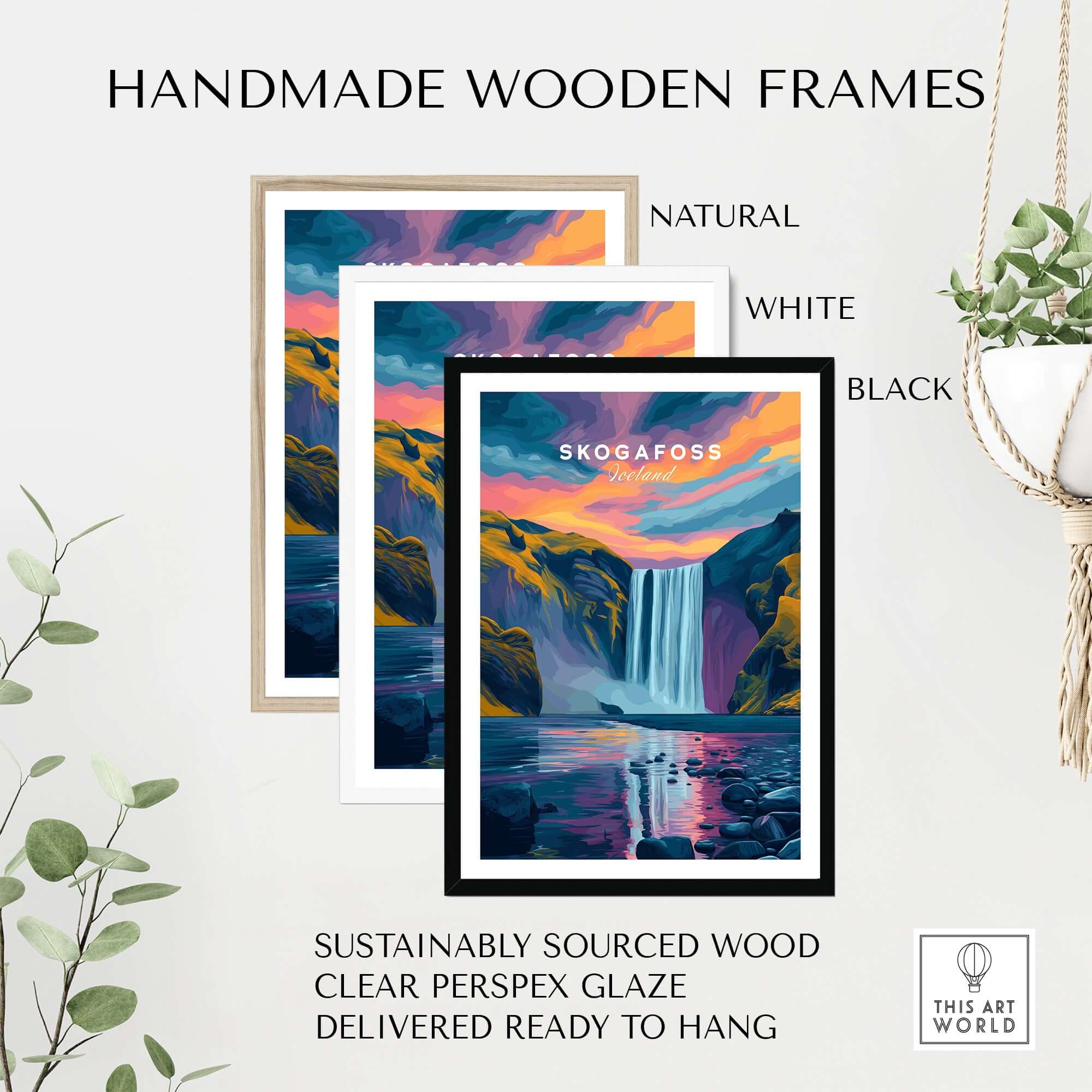Skógafoss Wall Art Icland Poster displayed in handmade wooden frames in natural, white, and black finishes.