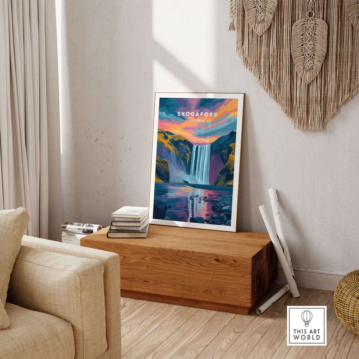Skógafoss Wall Art Icland Poster in a cozy living room setting showcasing Iceland's stunning landscape.