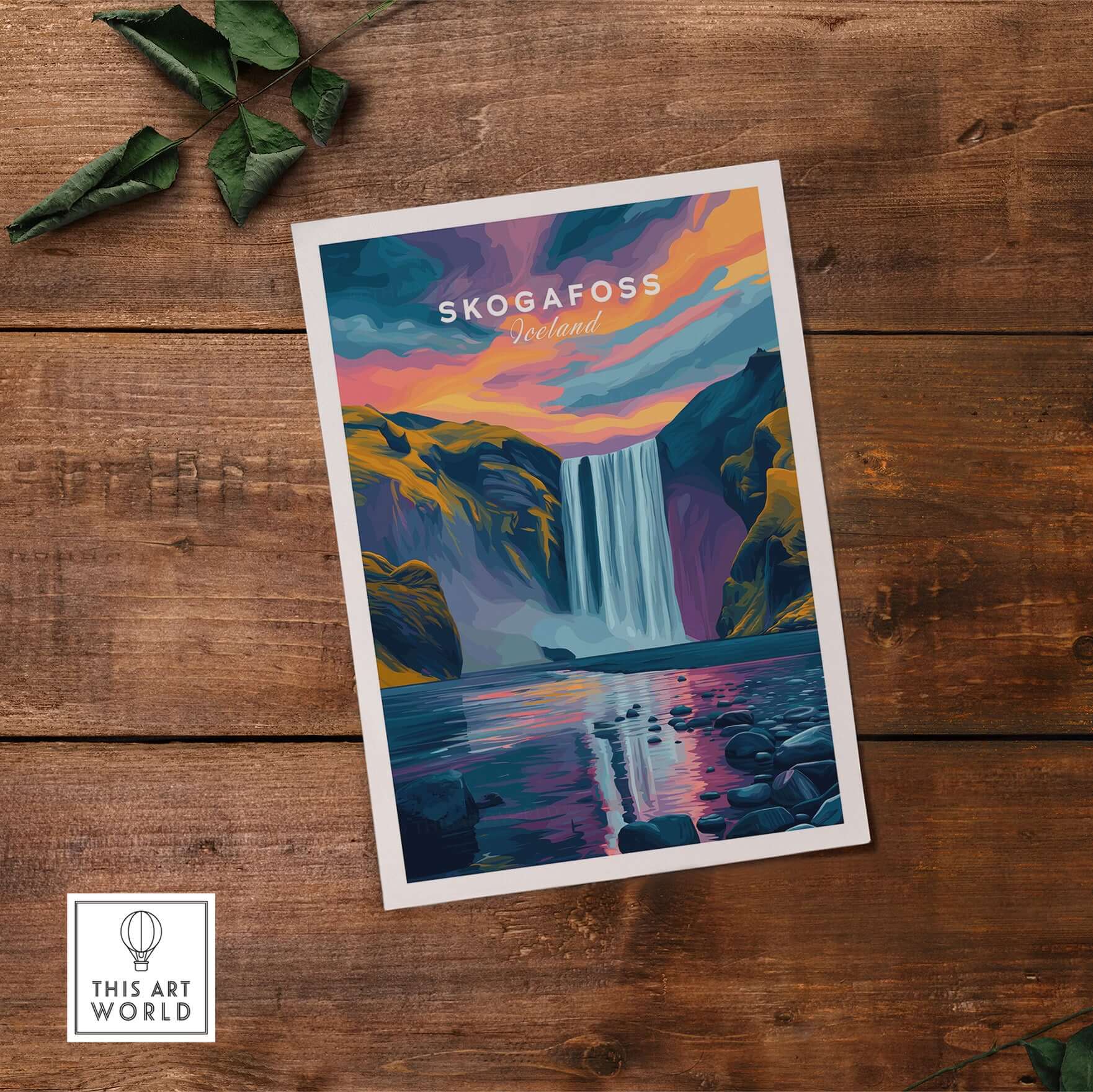 Skógafoss Wall Art Icland Poster featuring a colorful illustration of the iconic waterfall in Iceland.