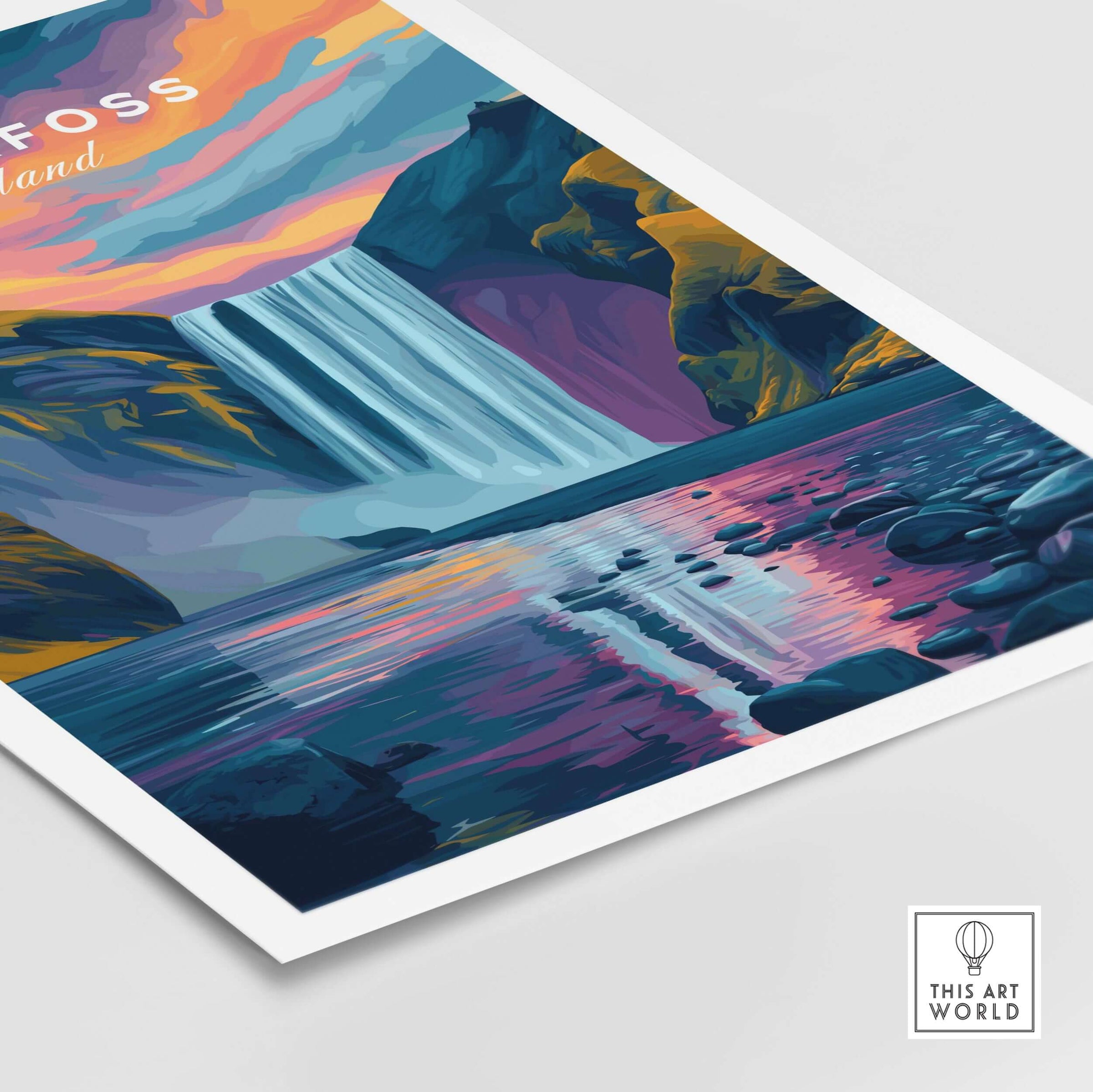 Skógafoss Wall Art Icland Poster showcasing a stunning waterfall and colorful sky, perfect for home decor.