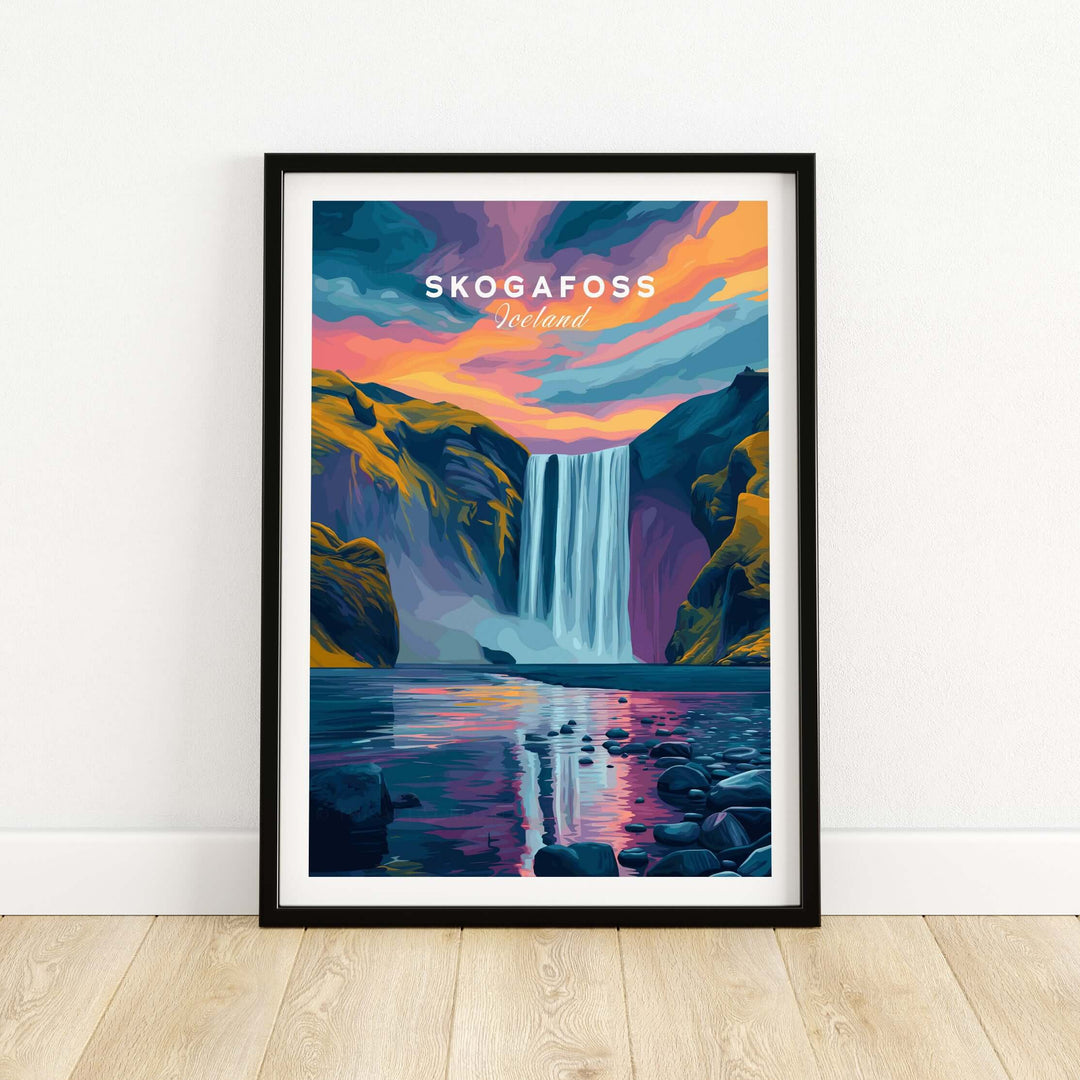 Skógafoss Wall Art Icland Poster featuring a vibrant illustration of a waterfall in Iceland.