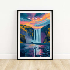 Skógafoss Wall Art Icland Poster showcasing the stunning waterfall and colorful sunset.