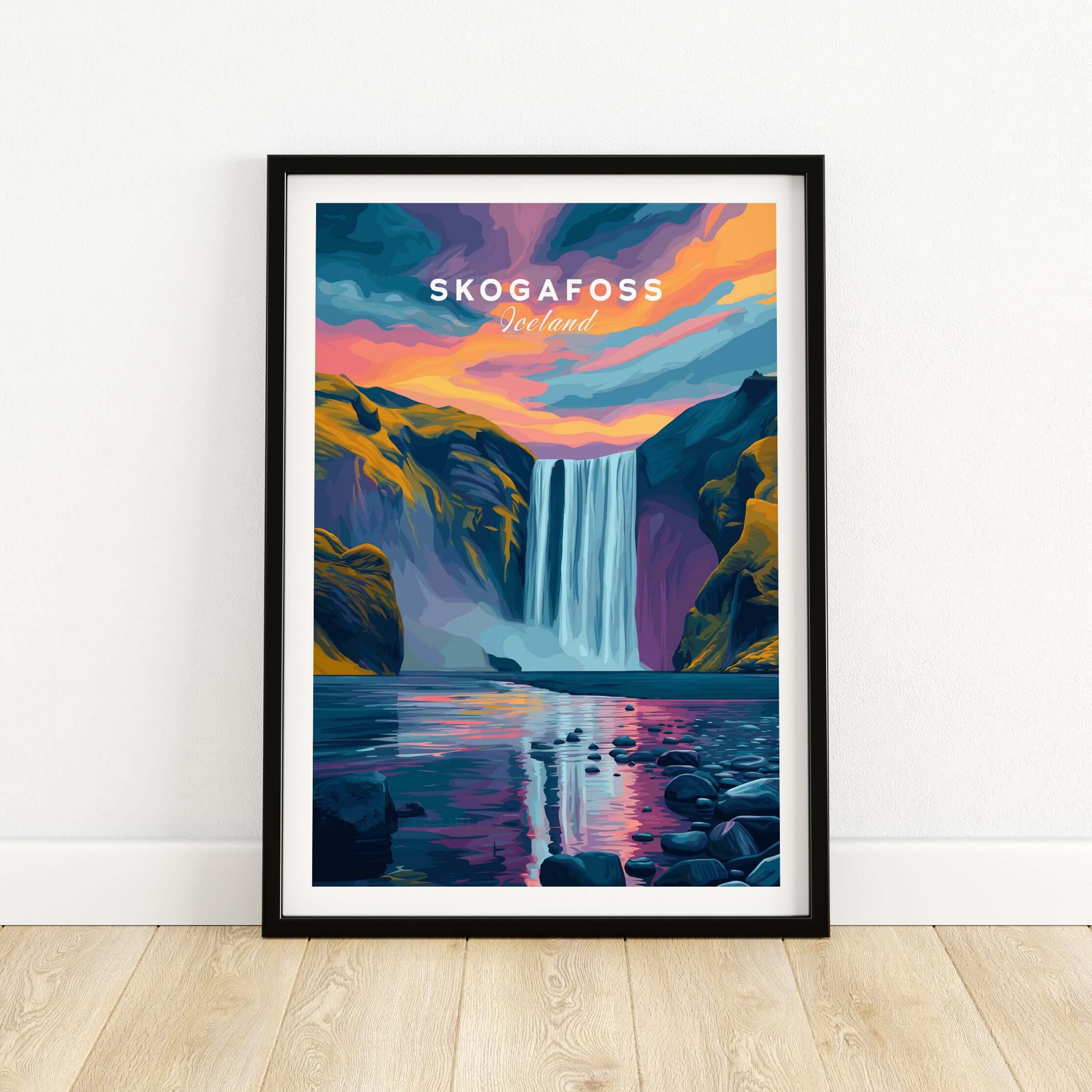 Skógafoss Wall Art Icland Poster showcasing the stunning waterfall and colorful sunset.
