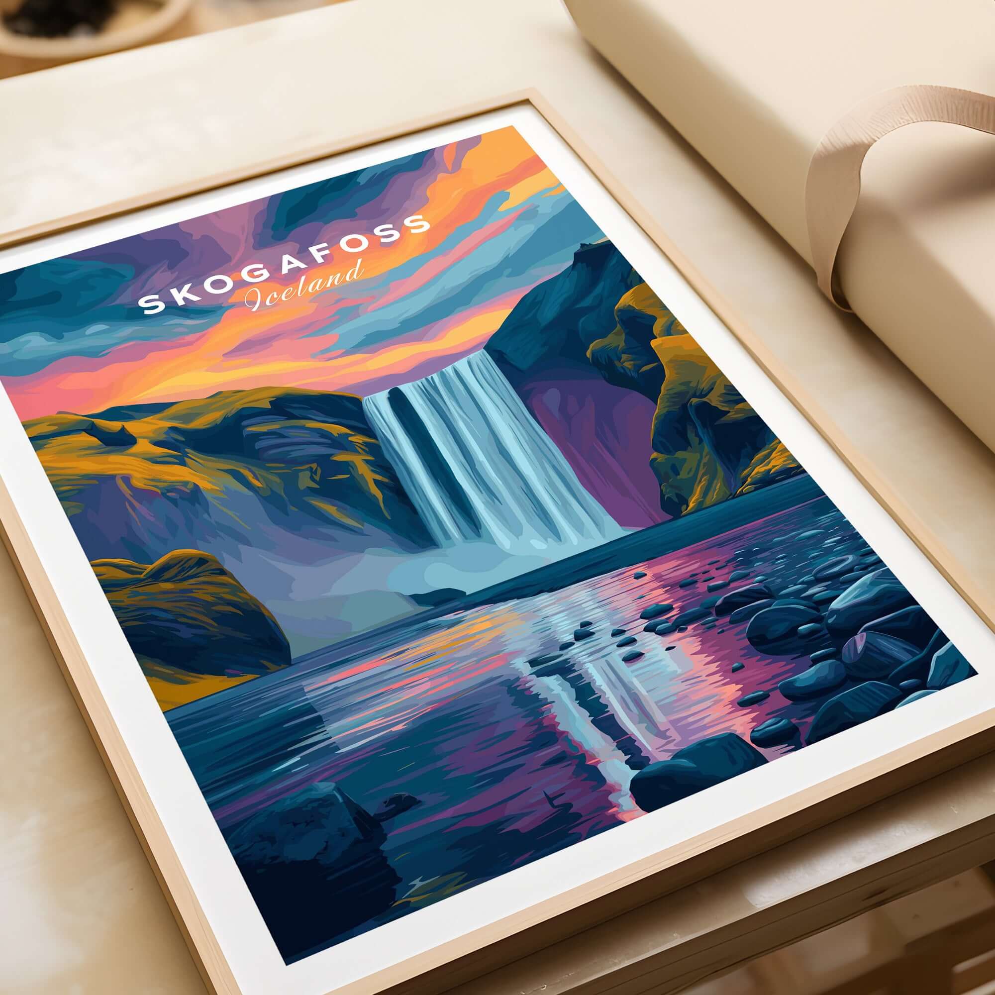 Skógafoss Wall Art Icland Poster showcasing the striking waterfall and vibrant colors in a framed print.
