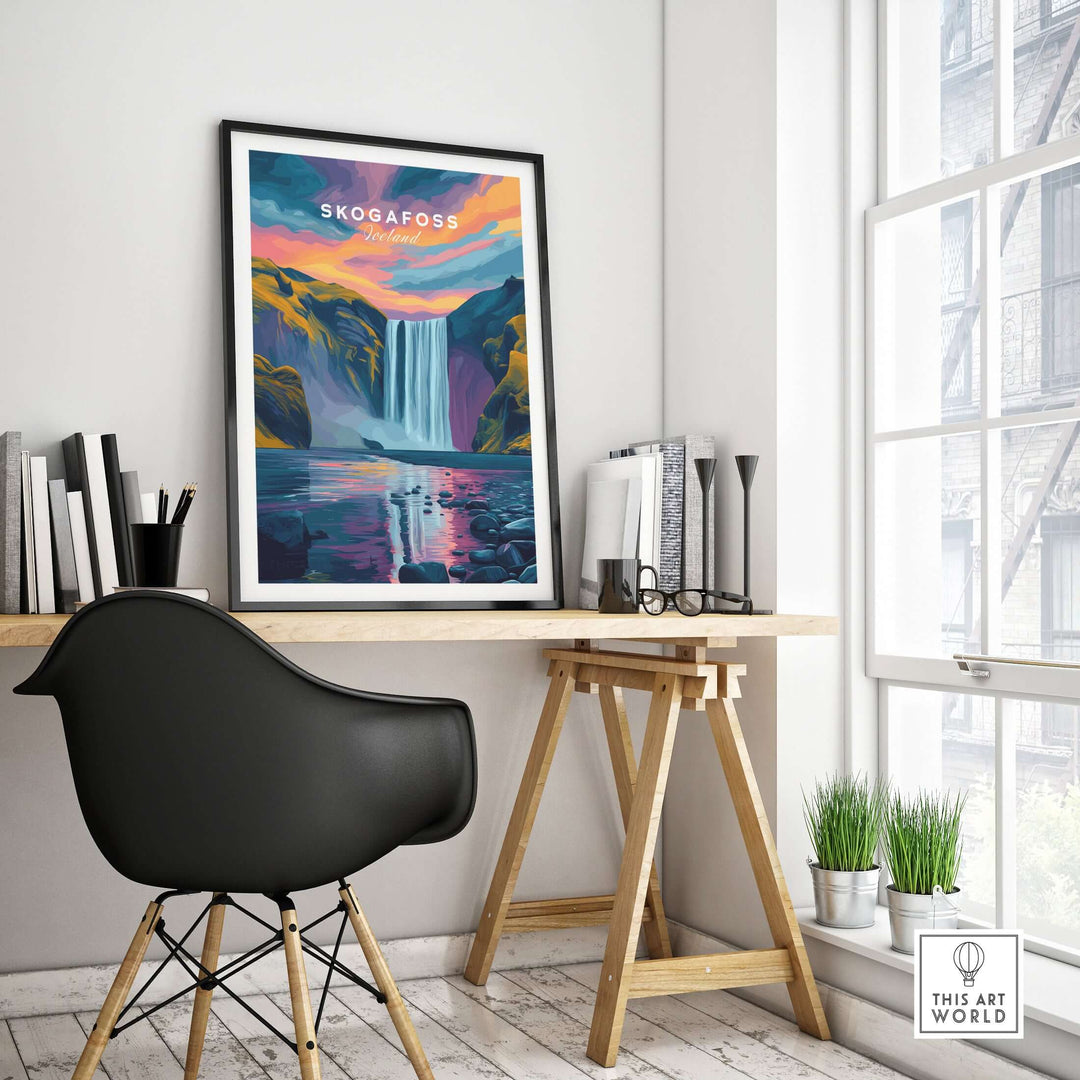 Skógafoss Wall Art Icland Poster displayed in a modern home office setting, showcasing Iceland's beauty.