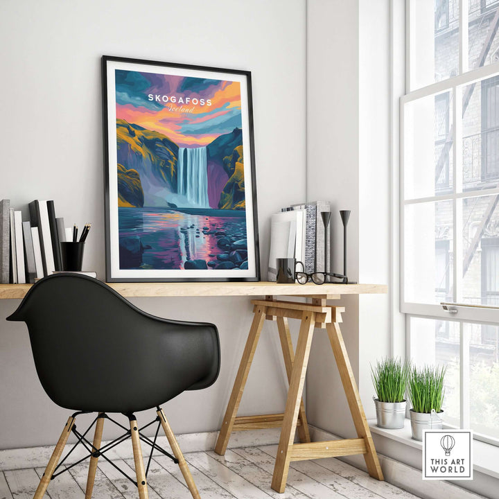 Skógafoss Wall Art Icland Poster displayed in a modern home office setting, showcasing Iceland's beauty.