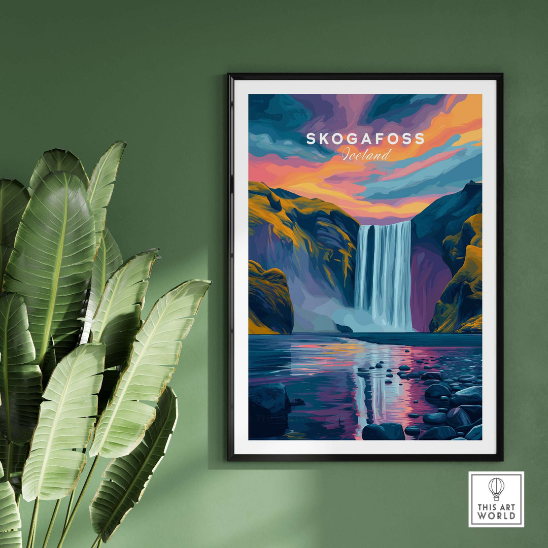 Skógafoss Wall Art Icland Poster featuring the iconic waterfall in vibrant colors and serene nature scenery.