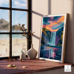 Skógafoss Wall Art Icland Poster displayed in a cozy room with a view of the beach, showcasing Iceland's majestic waterfall.