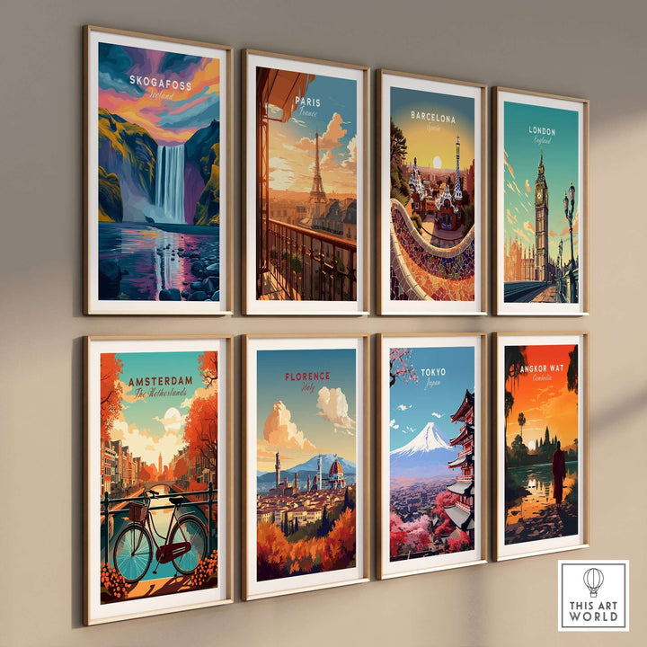 Skógafoss Wall Art Icland Poster displayed among various city posters, showcasing stunning travel artwork.