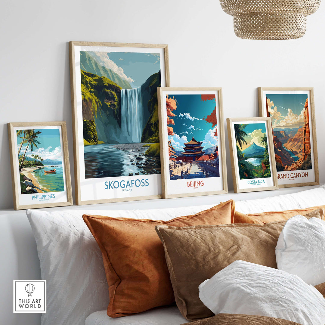 Image of framed Skógafoss Iceland Art Print Waterfall Poster displayed on a wall with other travel-themed posters.