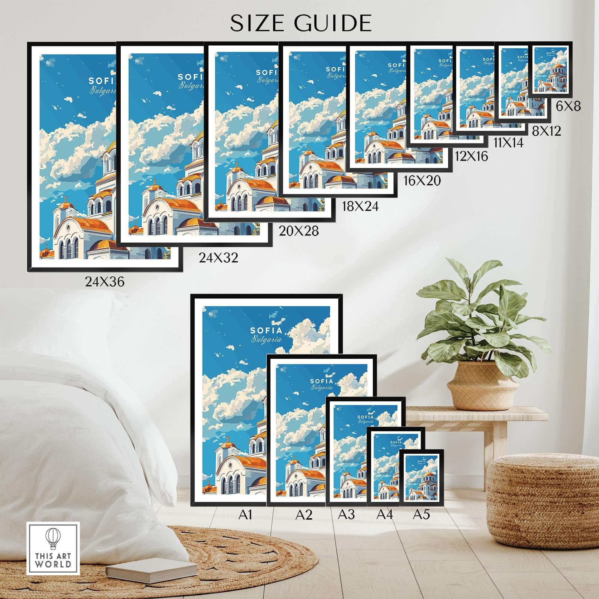 Sofia Bulgaria Wall Art size guide showcasing various print sizes for Alexander Nevsky Cathedral art.