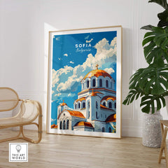 Sofia Bulgaria Wall Art featuring a vibrant illustration of a cathedral in Sofia, enhancing home decor.