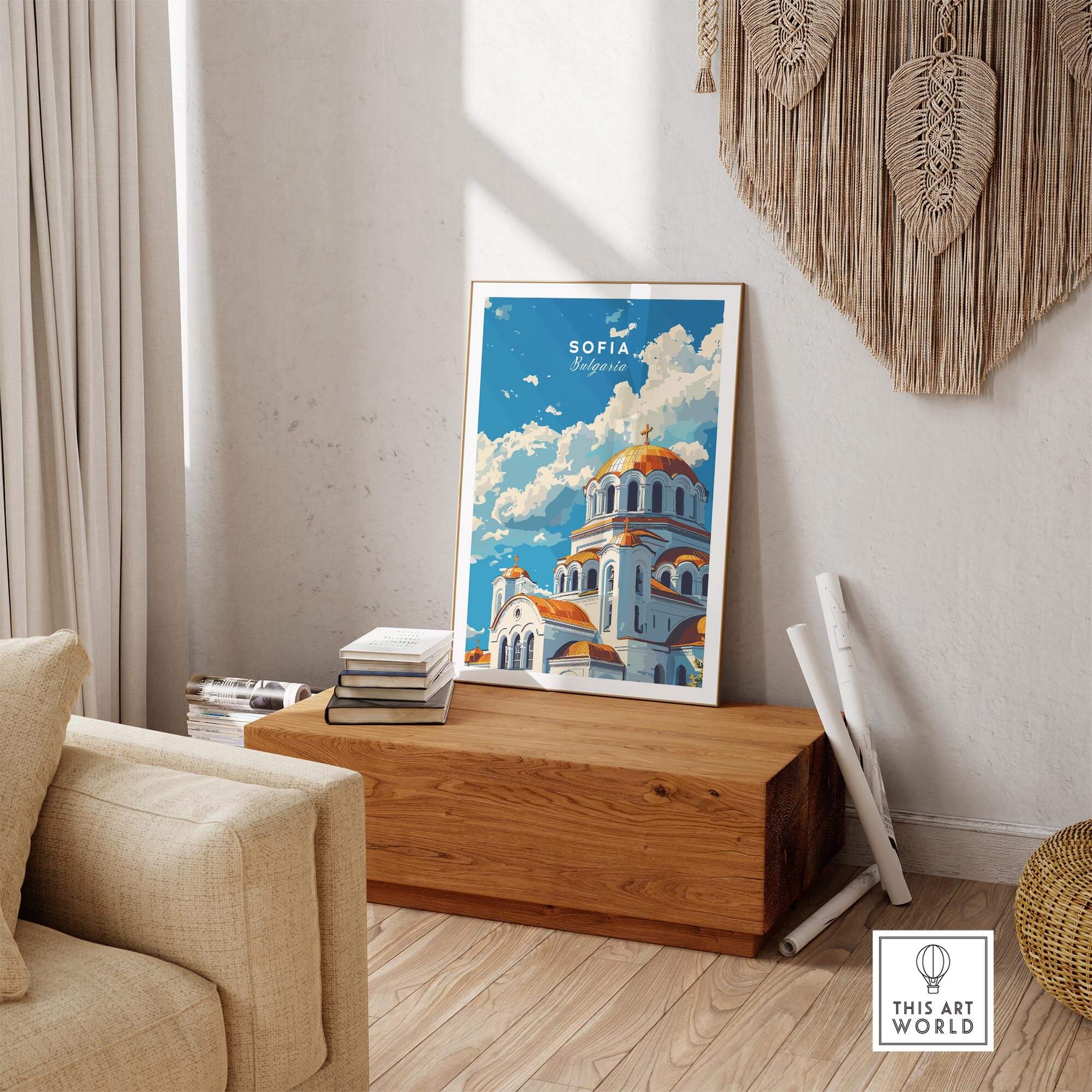 Sofia Bulgaria Wall Art featuring a vibrant print of Alexander Nevsky Cathedral in a stylish interior setting.
