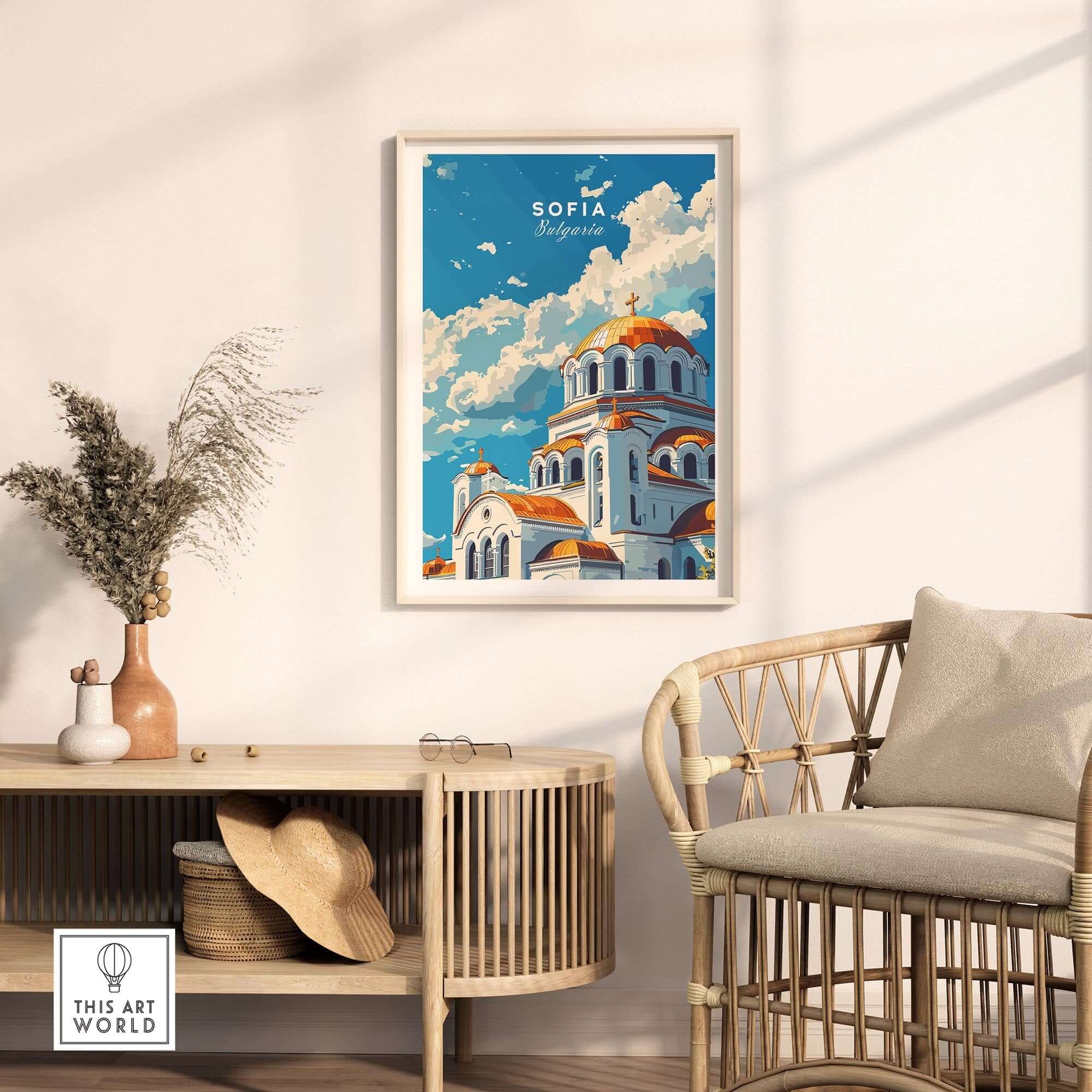Sofia Bulgaria Wall Art print featuring a vibrant illustration of a church in Sofia, enhancing your interior decor.