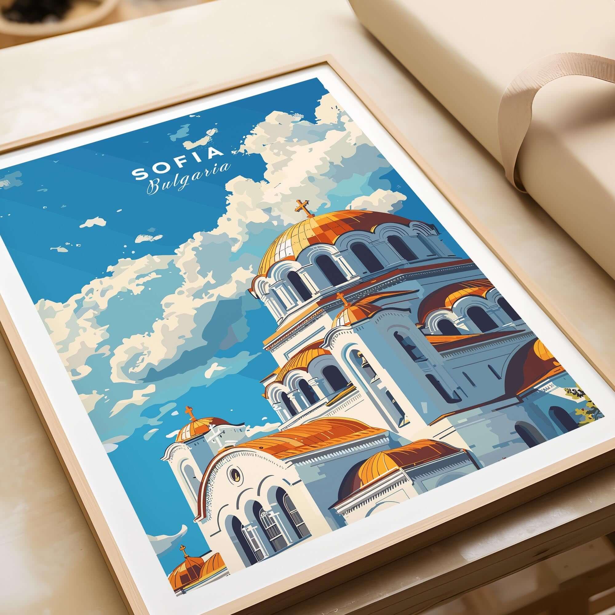 Sofia Bulgaria Wall Art featuring a vibrant illustration of a historic cathedral in Sofia, Bulgaria.