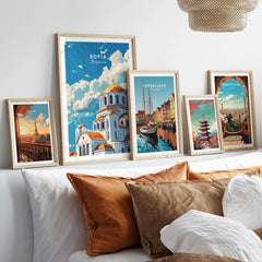 Sofia Bulgaria Wall Art featuring framed prints of Sofia, Copenhagen, and Barcelona, enhancing home decor.