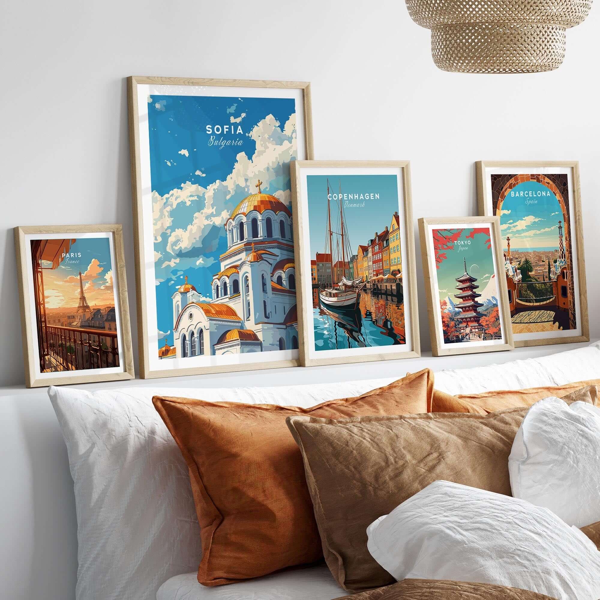 Sofia Bulgaria Wall Art featuring framed prints of Sofia, Copenhagen, and Barcelona, enhancing home decor.