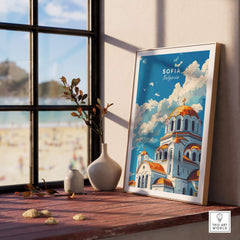 Sofia Bulgaria Wall Art featuring a vibrant print of a Bulgarian church framed by a sunny window.