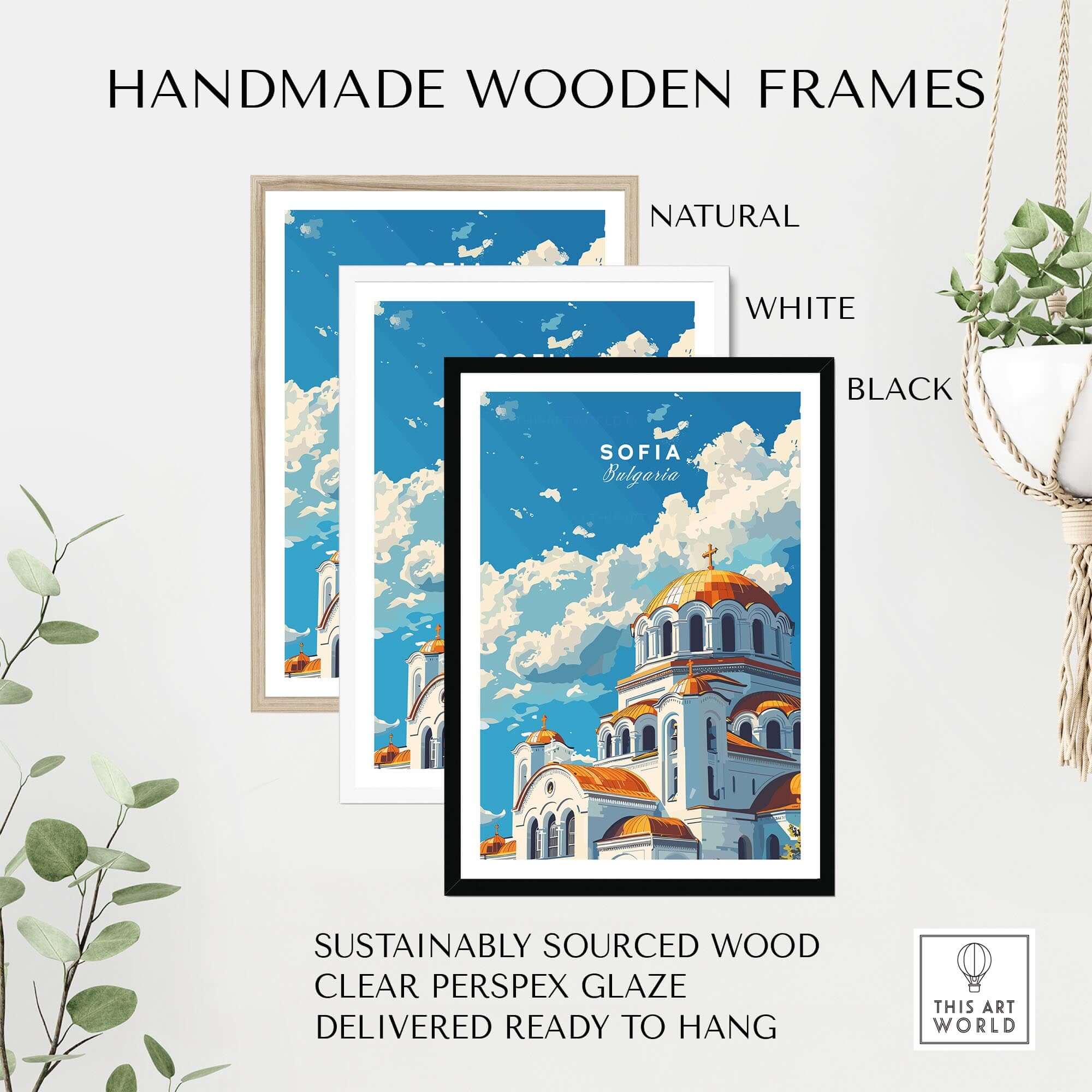 Handmade wooden frames in natural, white, and black for Sofia Bulgaria Wall Art with clear perspex glaze.
