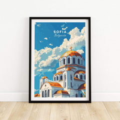Sofia Bulgaria Wall Art featuring a colorful illustration of a landmark church under a blue sky.