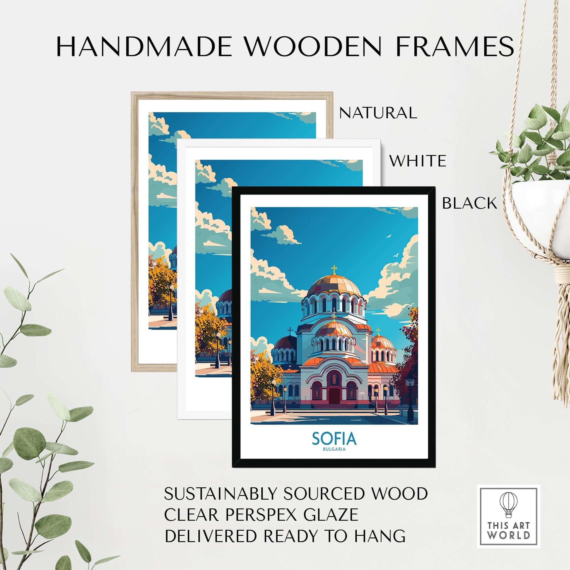Sofia Travel Poster - Bulgaria in handmade wooden frames, showcasing natural, white, and black options.